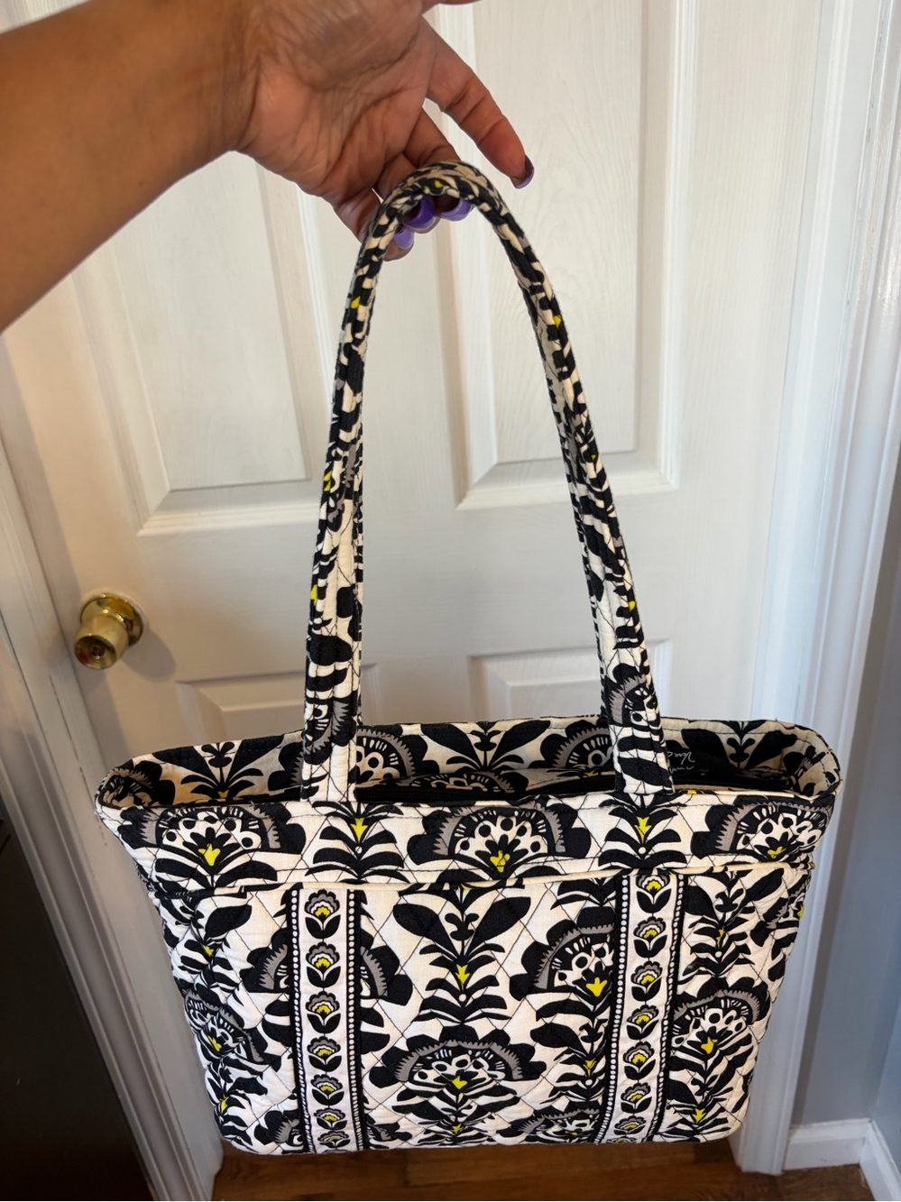 Vera Bradley Quilted Floral Tote Bag in Black & White with Yellow Accents